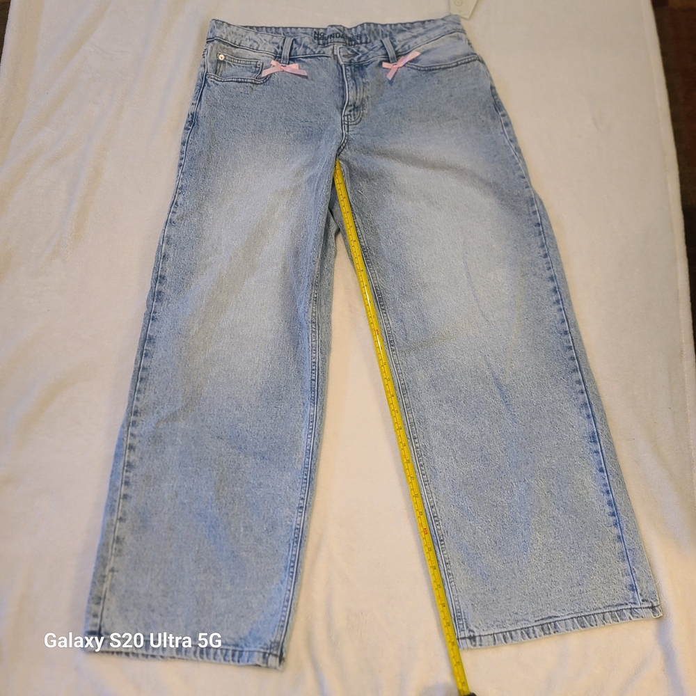 No Boundaries Light Blue Wide Leg Jeans with Pink Accents